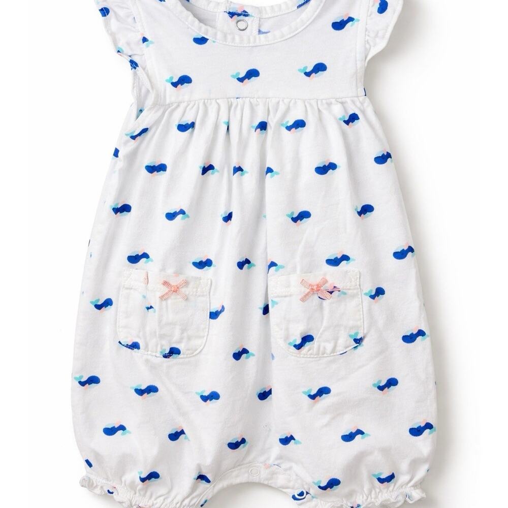 Carters Whale Print Romper Baby Girl 12M White Cotton Summer Outfit
